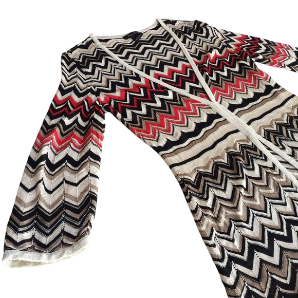White House Black Market Black White Red Chevron Knit Sweater Cardigan Boho Sz L - Picture 7 of 10